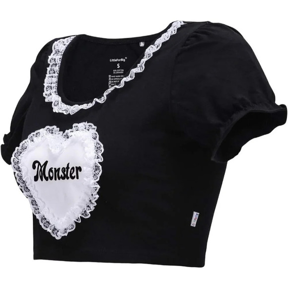 Kawaii Crop Black top Puff Sleeve cotton Scoop  Neck Shirt For Women's - Picture 7 of 8